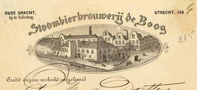 710508 Afgeknipte kop van een creditnota van De Boog, Stoombierbrouwerij, Oude Gracht bij de Vollerbrug te Utrecht. Met ...